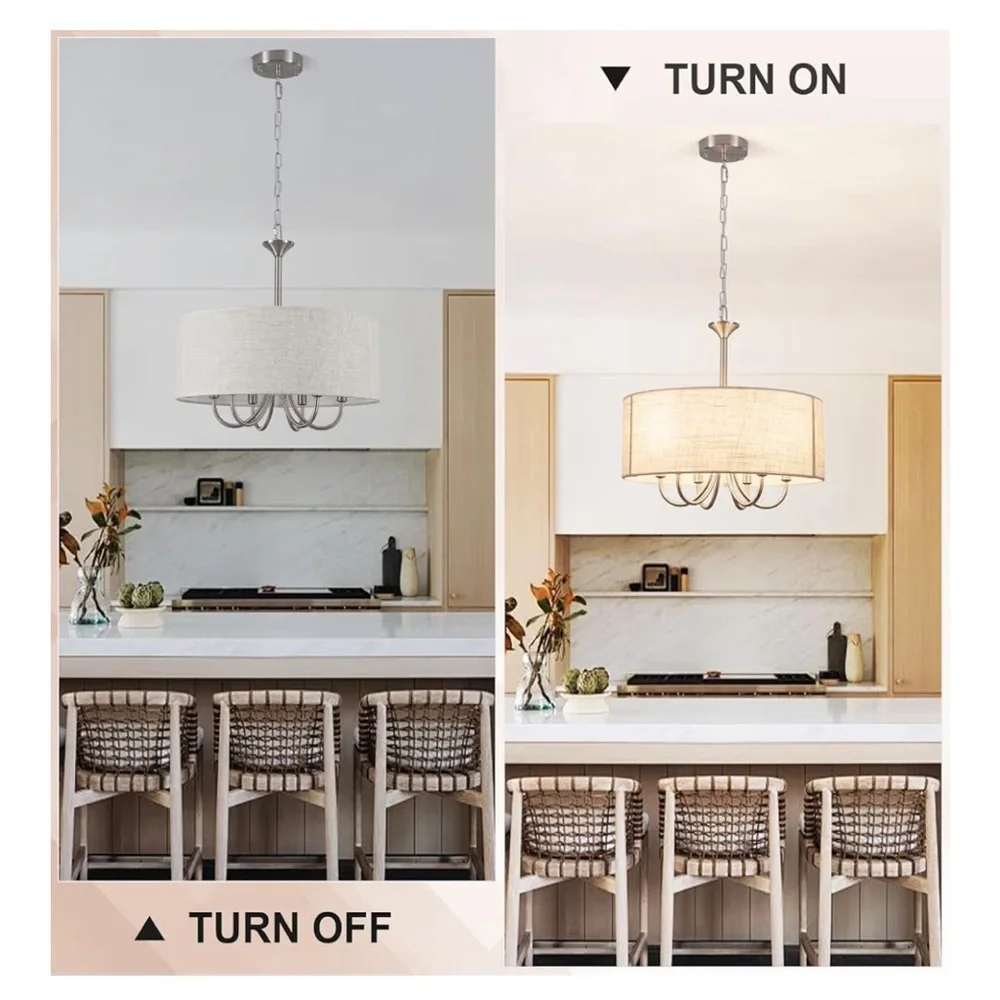 NIB Drum Chandeliers 6-Light Modern Linen Pendant Light, Brushed Nickel Fixture